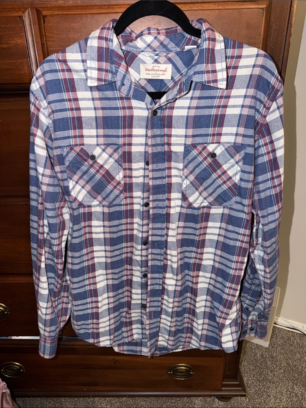 Weatherproof Navy, White & Burgundy Plaid Button-Down Shirt